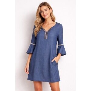 Naif Chambray Dress Womens Medium Boho Festival Blue Embroidered Bell Sleeve